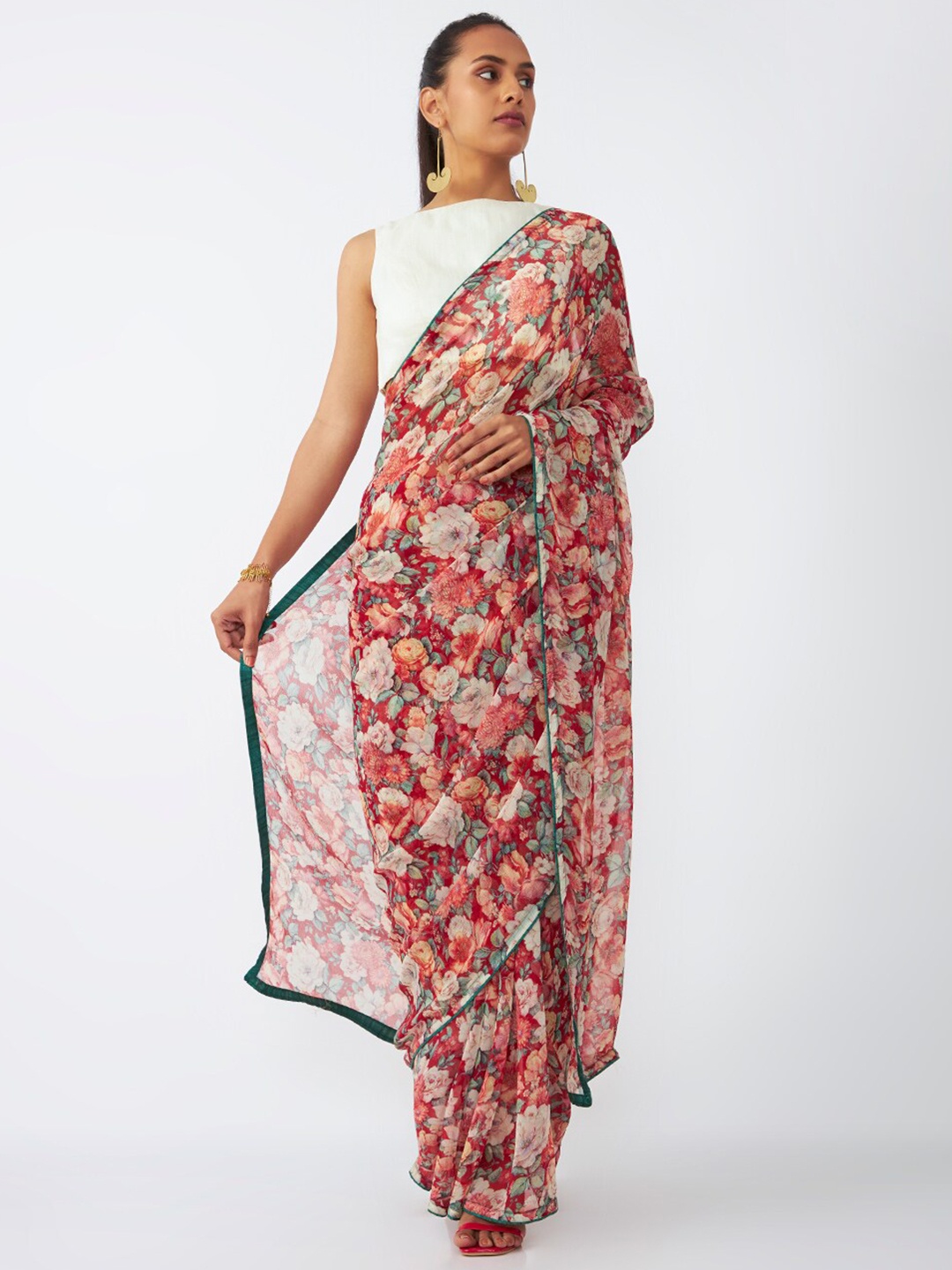 Taneira Floral Printed Bagh Saree, Red