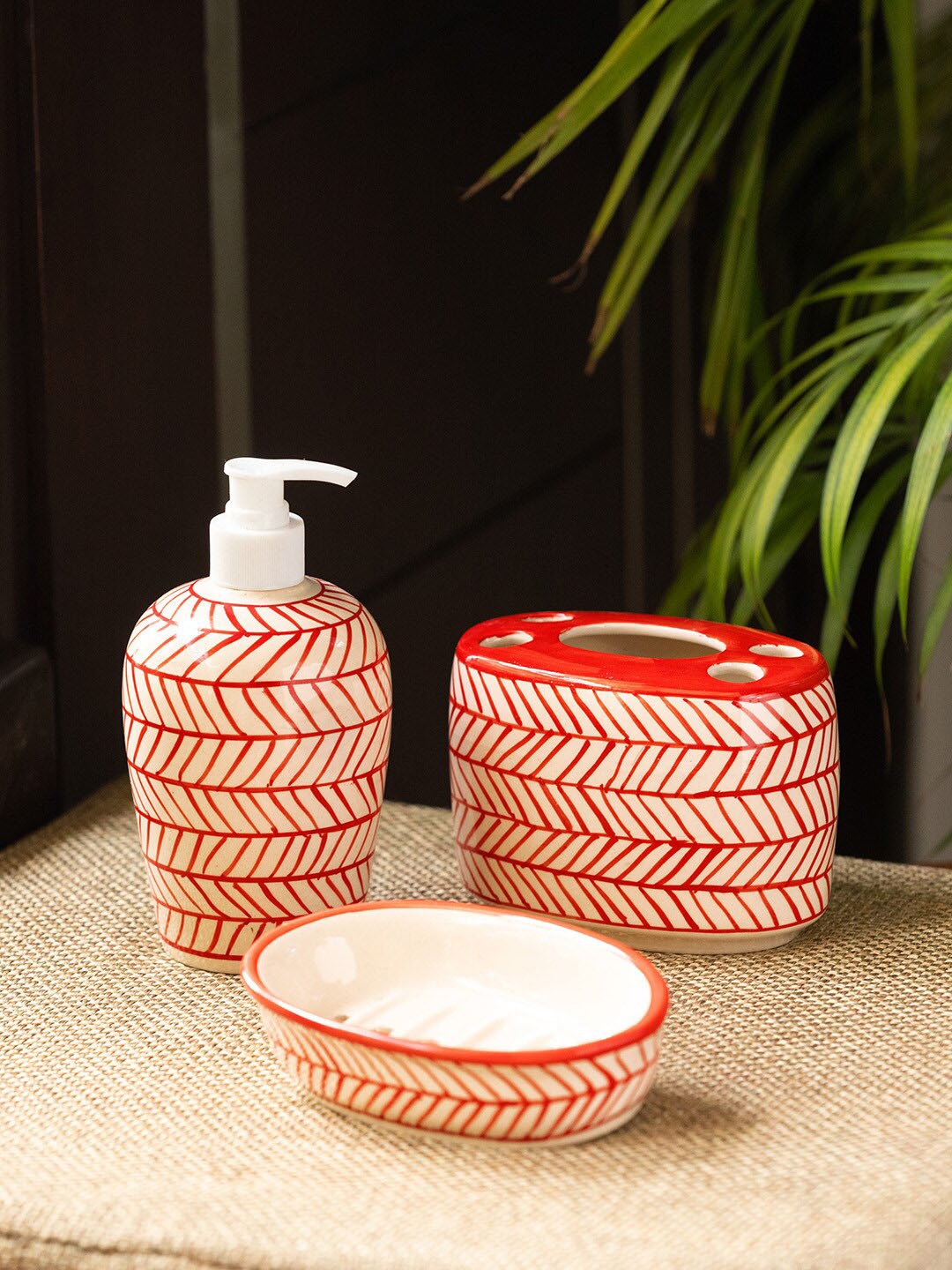 ExclusiveLane Red Chevrons Red & Beige 3-Pcs Printed Ceramic Bathroom Accessories
ExclusiveLane Red Chevrons Red & Beige 3-Pcs Printed Ceramic Bathroom Accessories
