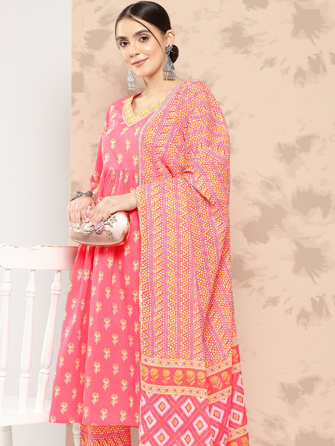 Libas Women Floral Printed High Slit Gotta Patti Pure Cotton Kurta with Trousers & Dupatta, Coral
Libas Women Floral Printed High Slit Gotta Patti Pure Cotton Kurta with Trousers & Dupatta, Coral
