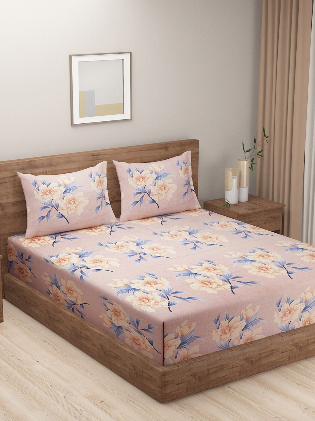 SWAYAM Tulip Peach-Coloured & Blue Floral 144 TC Flat Queen Bedsheet with 2 Pillow Covers
SWAYAM Tulip Peach-Coloured & Blue Floral 144 TC Flat Queen Bedsheet with 2 Pillow Covers