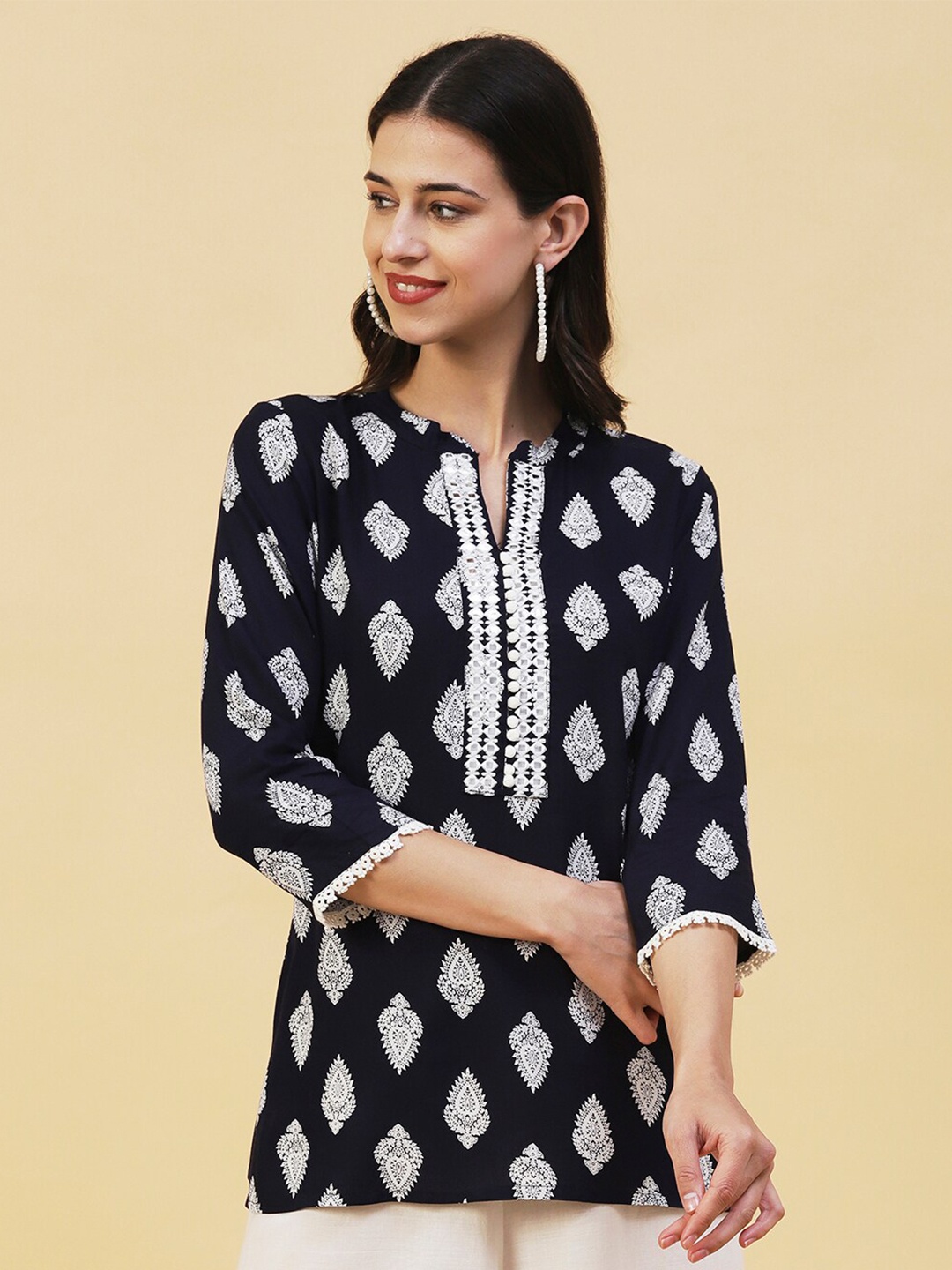 FASHOR Ethnic Motifs Printed Mandarin Collar Tunic, Navy blue