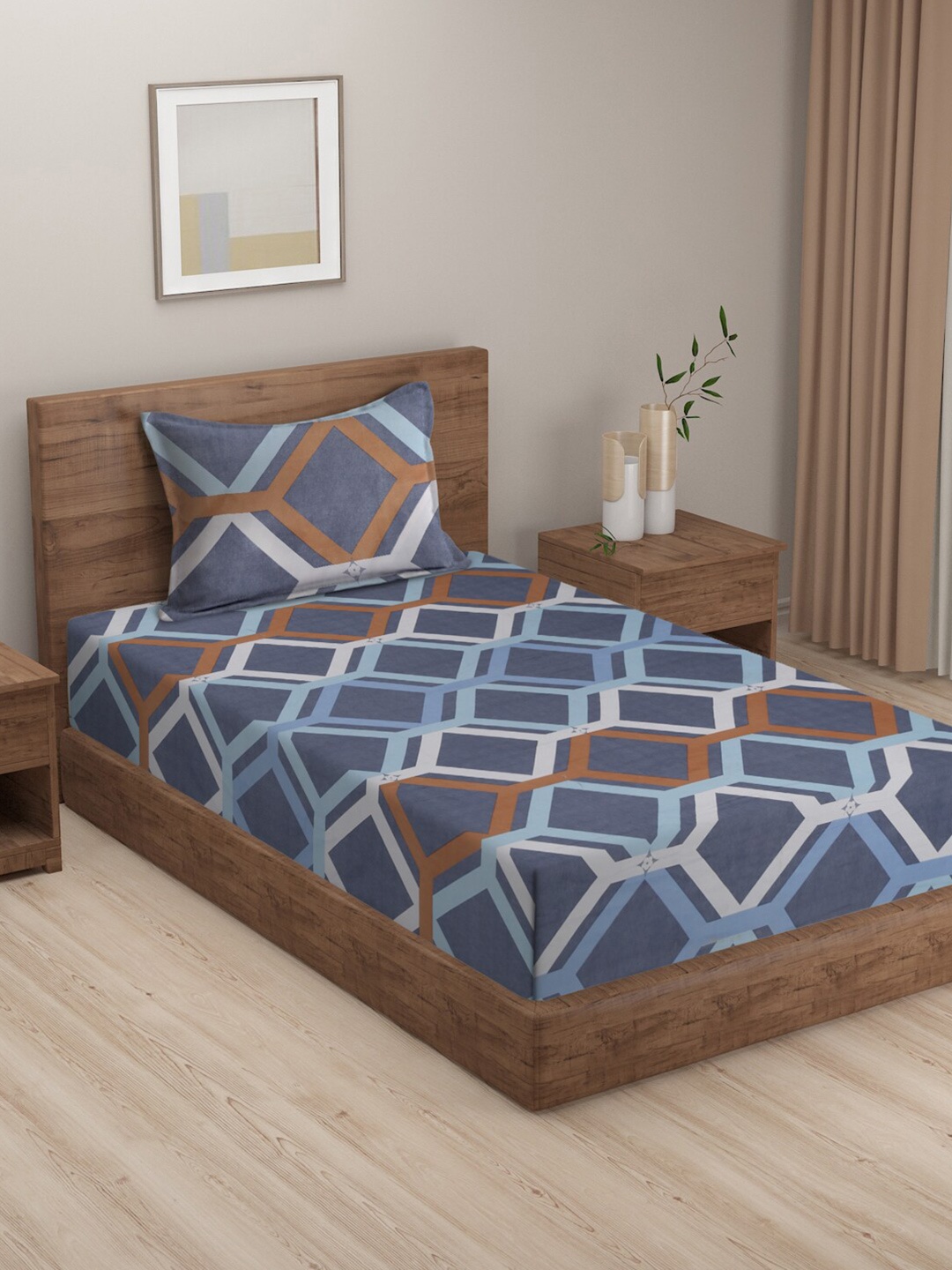 HOSTA HOMES Blue & Off White Geometric 210 TC Flat Cotton Single Bedsheet & 1 Pillow Cover
HOSTA HOMES Blue & Off White Geometric 210 TC Flat Cotton Single Bedsheet & 1 Pillow Cover