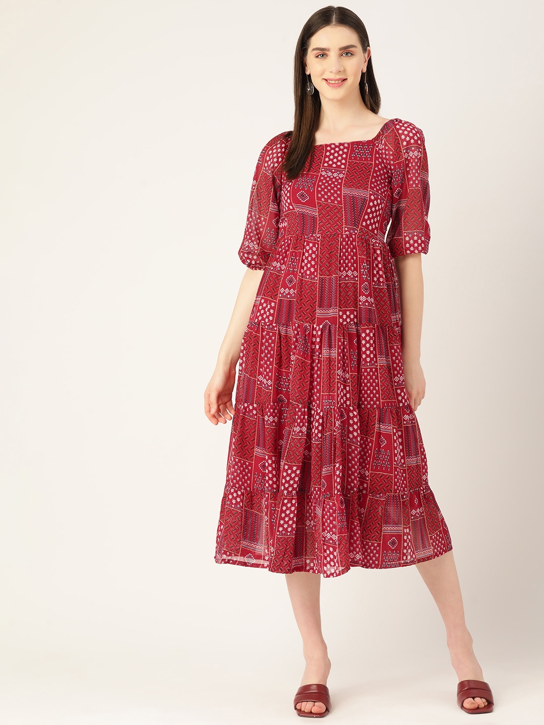 WISSTLER Ethnic Motifs Puff Sleeves Georgette Midi Dress, Red