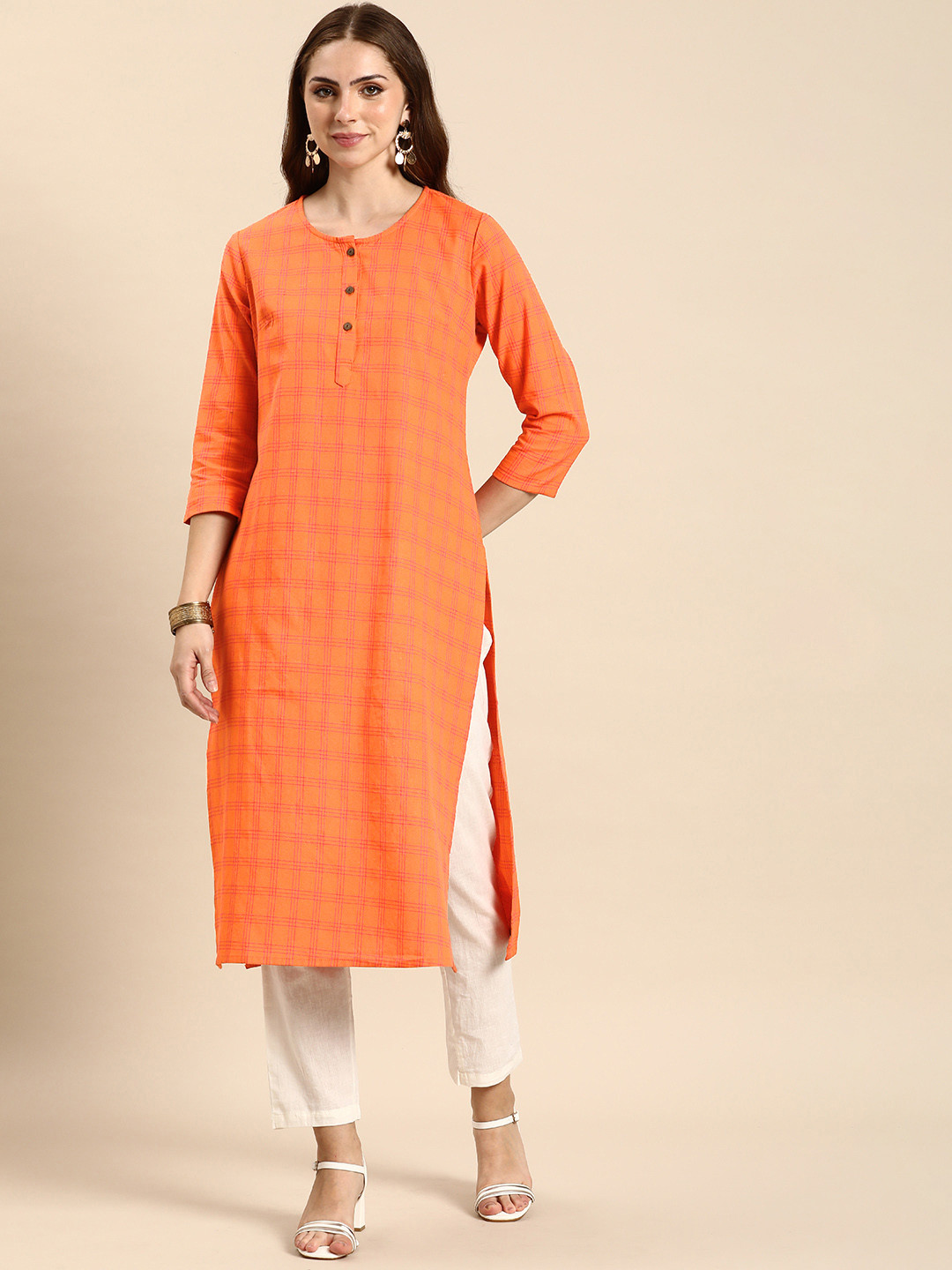 Anouk Round Neck Checked Kurta, Orange 
Anouk Round Neck Checked Kurta, Orange