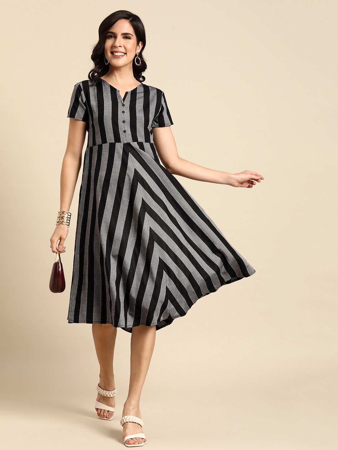 Anouk Striped Ruffled Cut-Out Back Fit & Flare Midi Dress With Thread Work Detail, Black
Anouk Striped Ruffled Cut-Out Back Fit & Flare Midi Dress With Thread Work Detail, Black