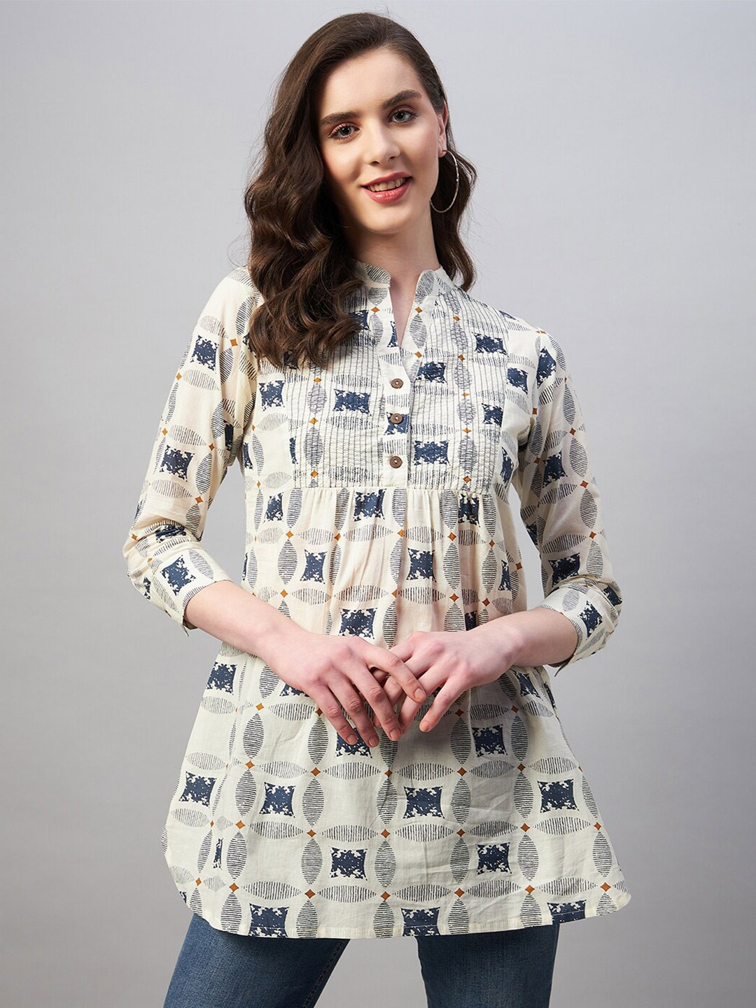 Azira Pure Cotton Mandarin Collar Printed Tunic, Cream 
Azira Pure Cotton Mandarin Collar Printed Tunic, Cream