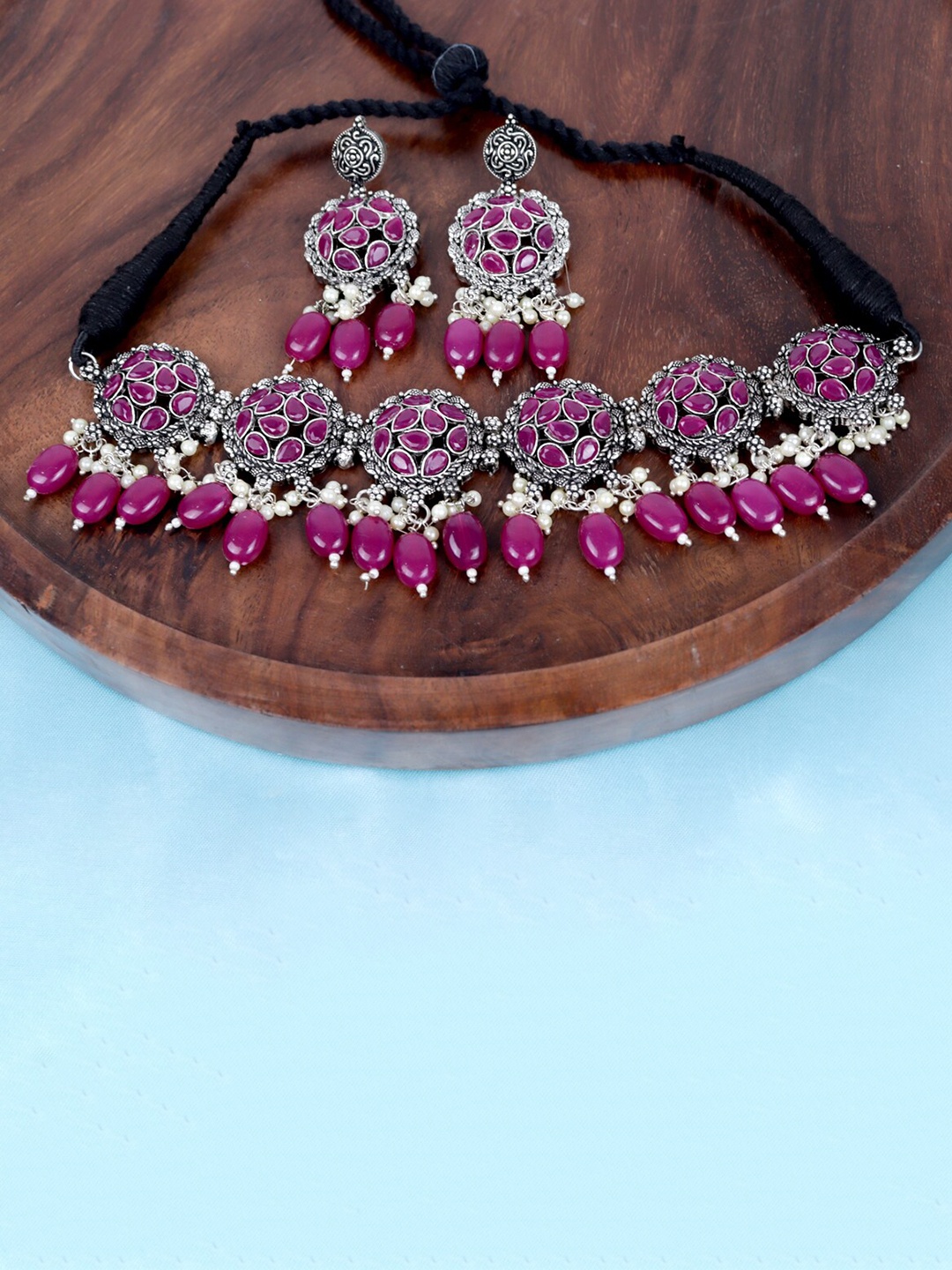 Krelin Silver-Plated Stones-Studded & Pearls-Beaded Oxidised Jewellery Set, Pink
Krelin Silver-Plated Stones-Studded & Pearls-Beaded Oxidised Jewellery Set, Pink