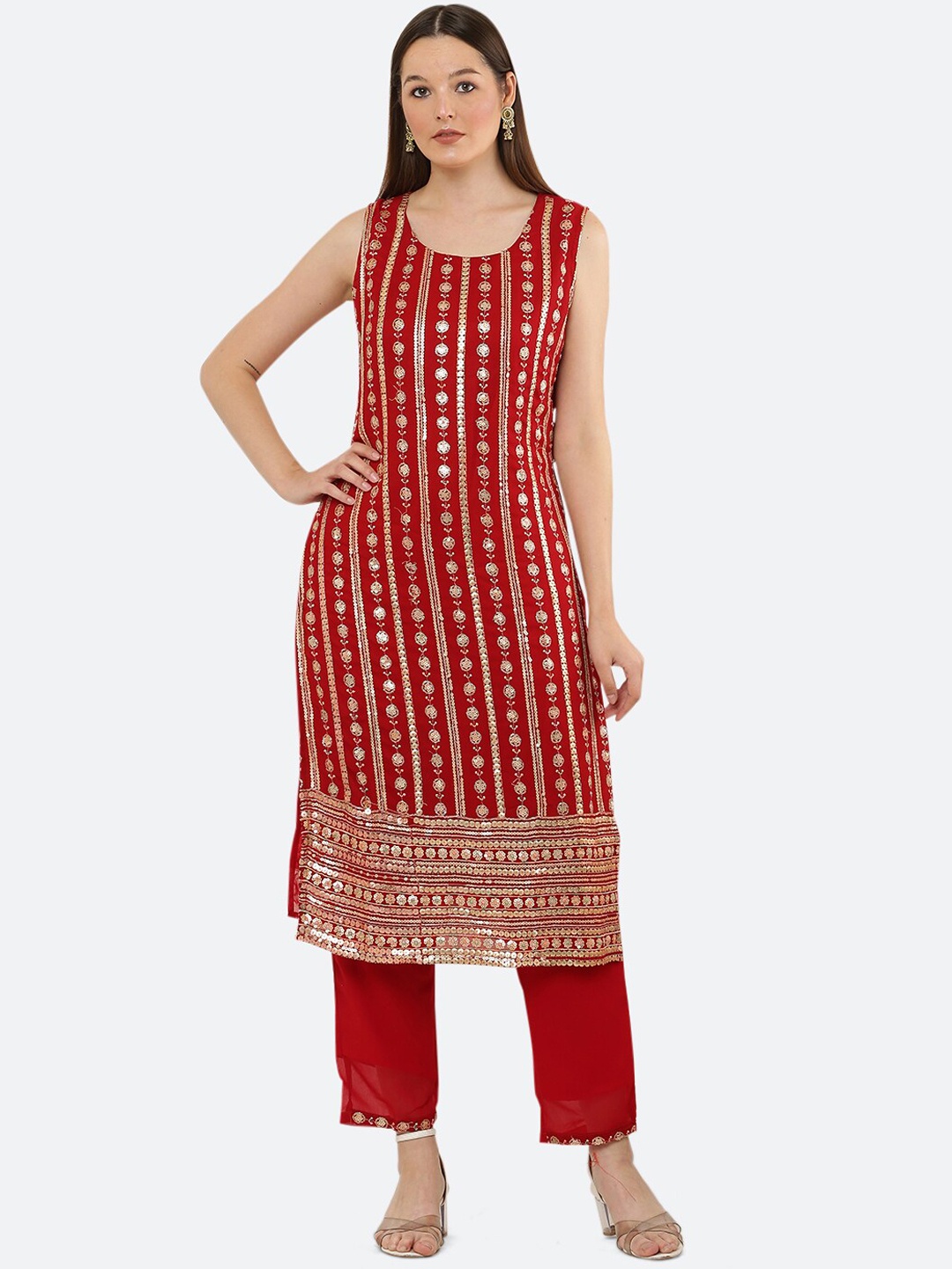 Ashnaina Embroidered Sequined Kurta with Trousers & With Dupatta, Red