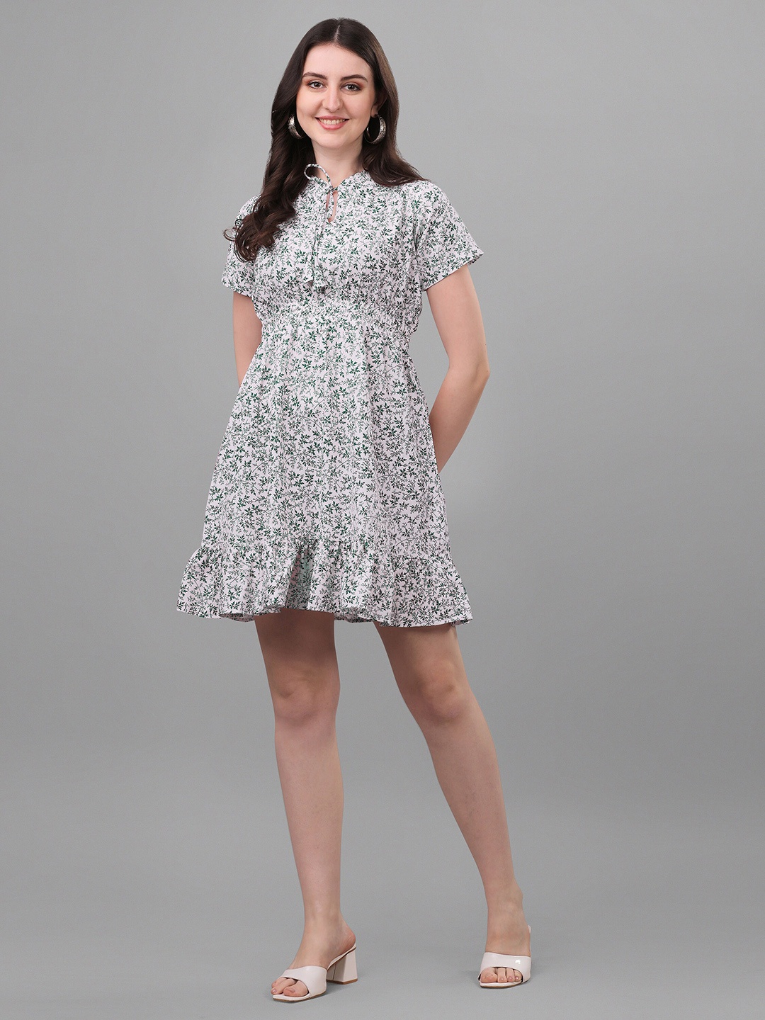 KALINI Floral Print Tie-Up Neck Mini Cotton Dress, Green