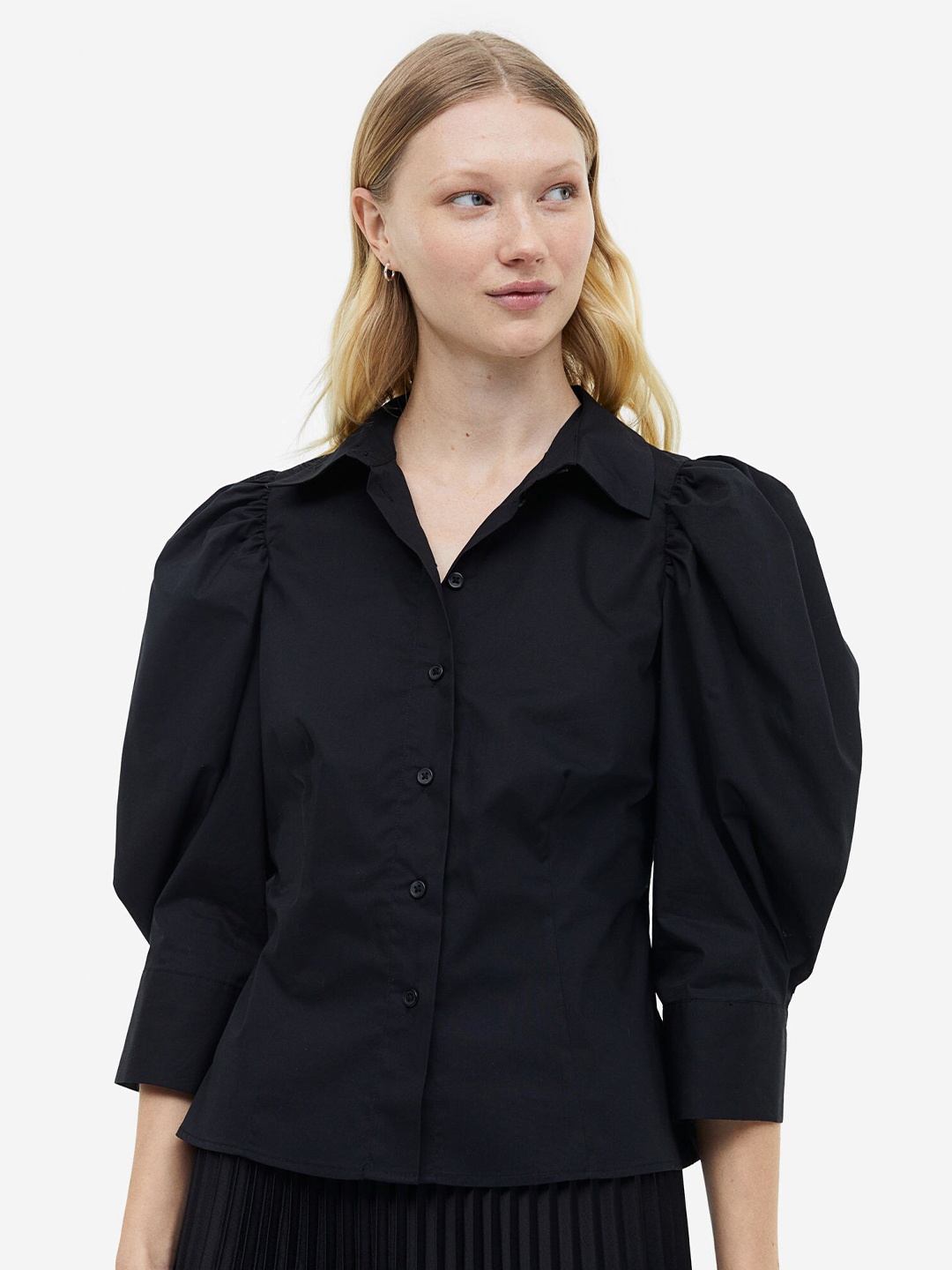 H&M Puff-Sleeved Poplin Blouse, Black