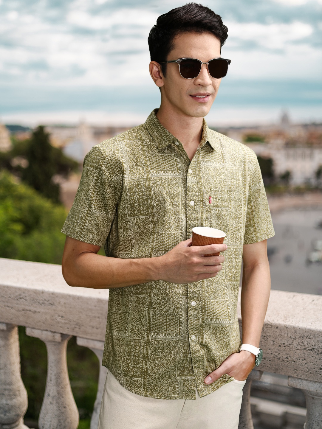Levis Slim Fit Printed Casual Shirt, Green