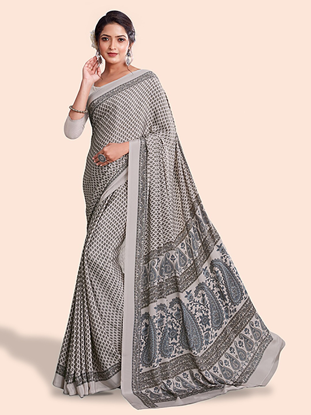 Kasak Paisley Block Print Saree, Grey
Kasak Paisley Block Print Saree, Grey