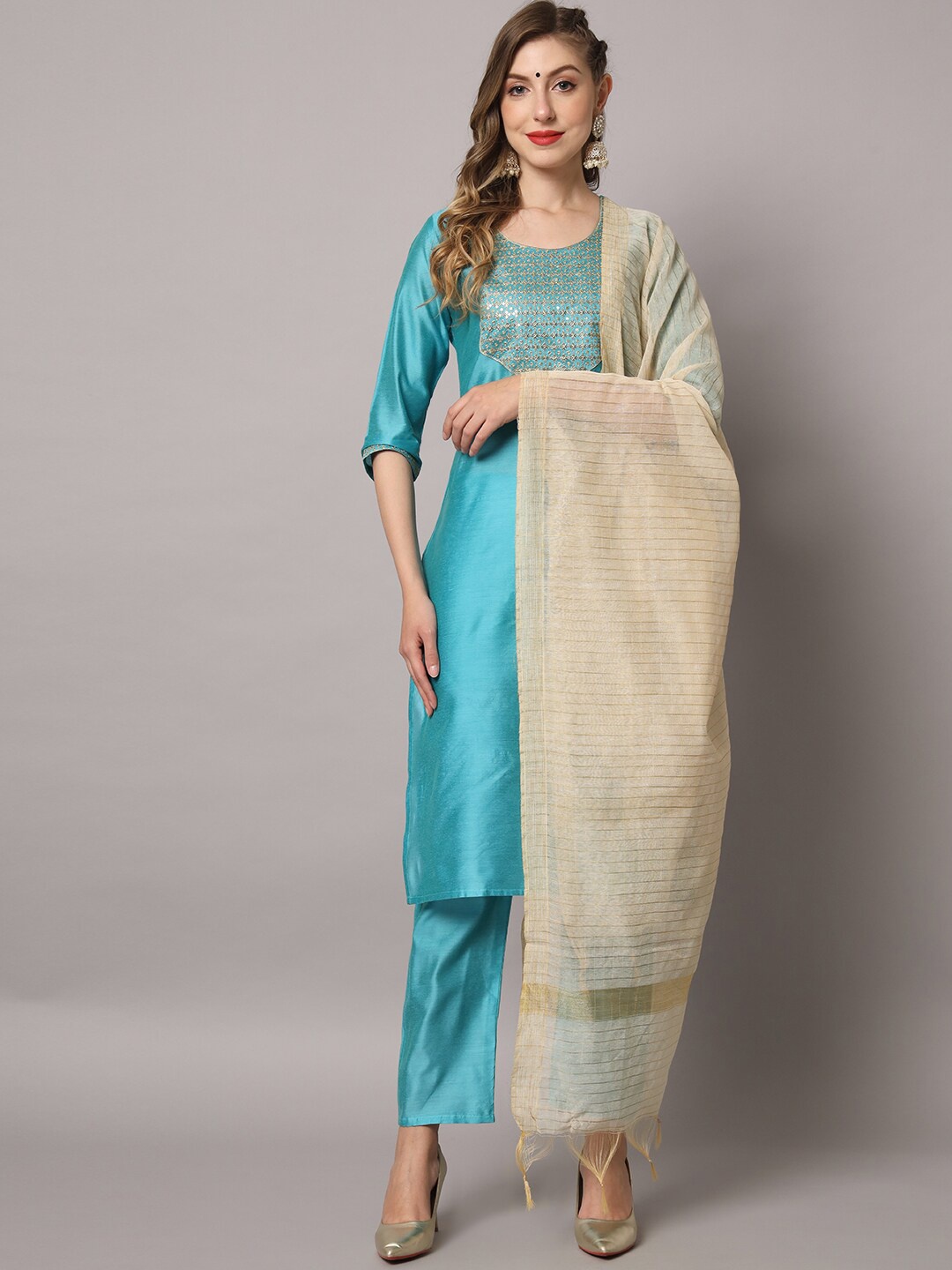 ZRI Ethnic Motif Yoke Design Thread Work Art Silk Kurta With Trousers & Dupatta, Turquoise blue
ZRI Ethnic Motif Yoke Design Thread Work Art Silk Kurta With Trousers & Dupatta, Turquoise blue