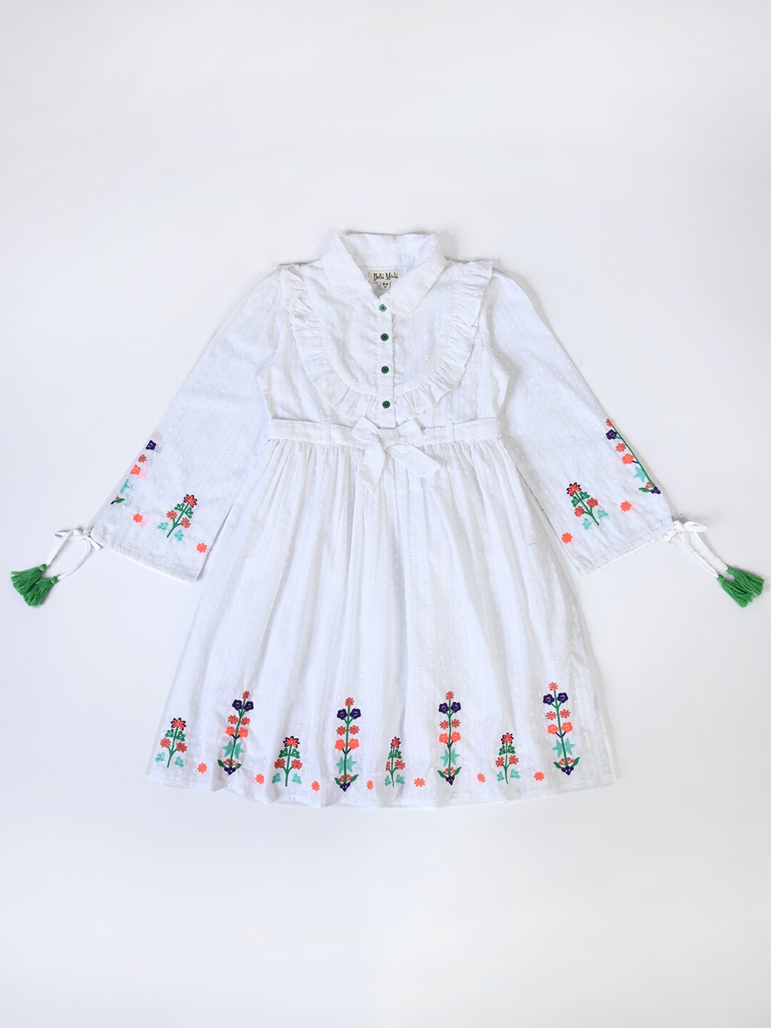 Bella Moda Girls Floral Embroidered Pure Cotton A-line Dress, White
