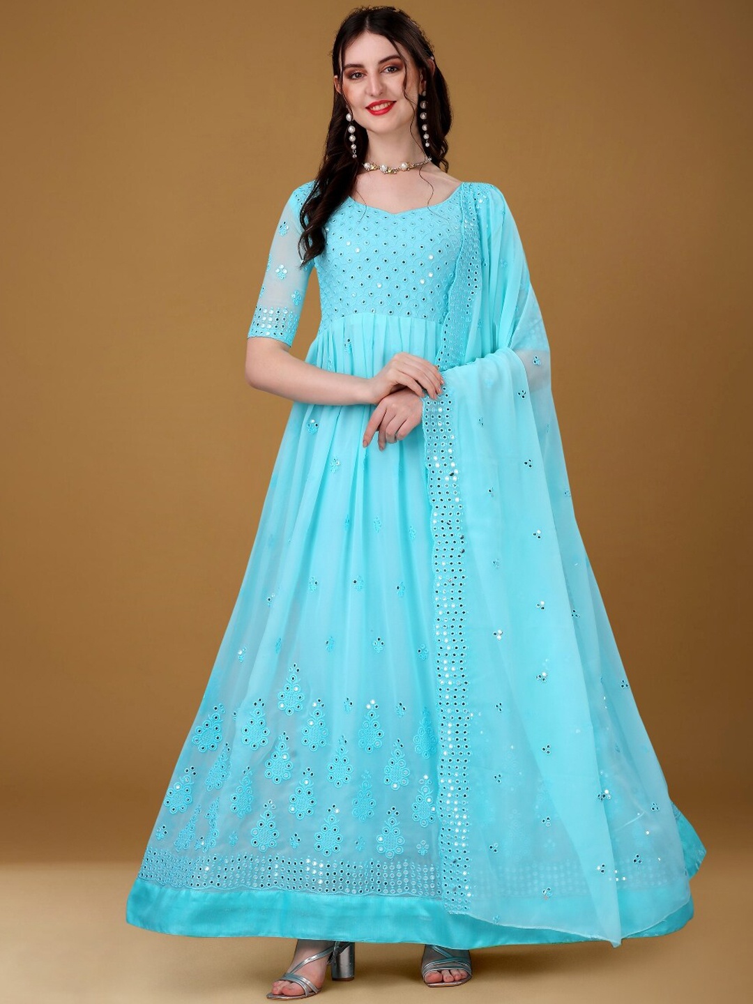 Angroop Ethnic Motifs Embroidered Mirror Work Georgette Anarkali Kurta With Dupatta, Blue
Angroop Ethnic Motifs Embroidered Mirror Work Georgette Anarkali Kurta With Dupatta, Blue