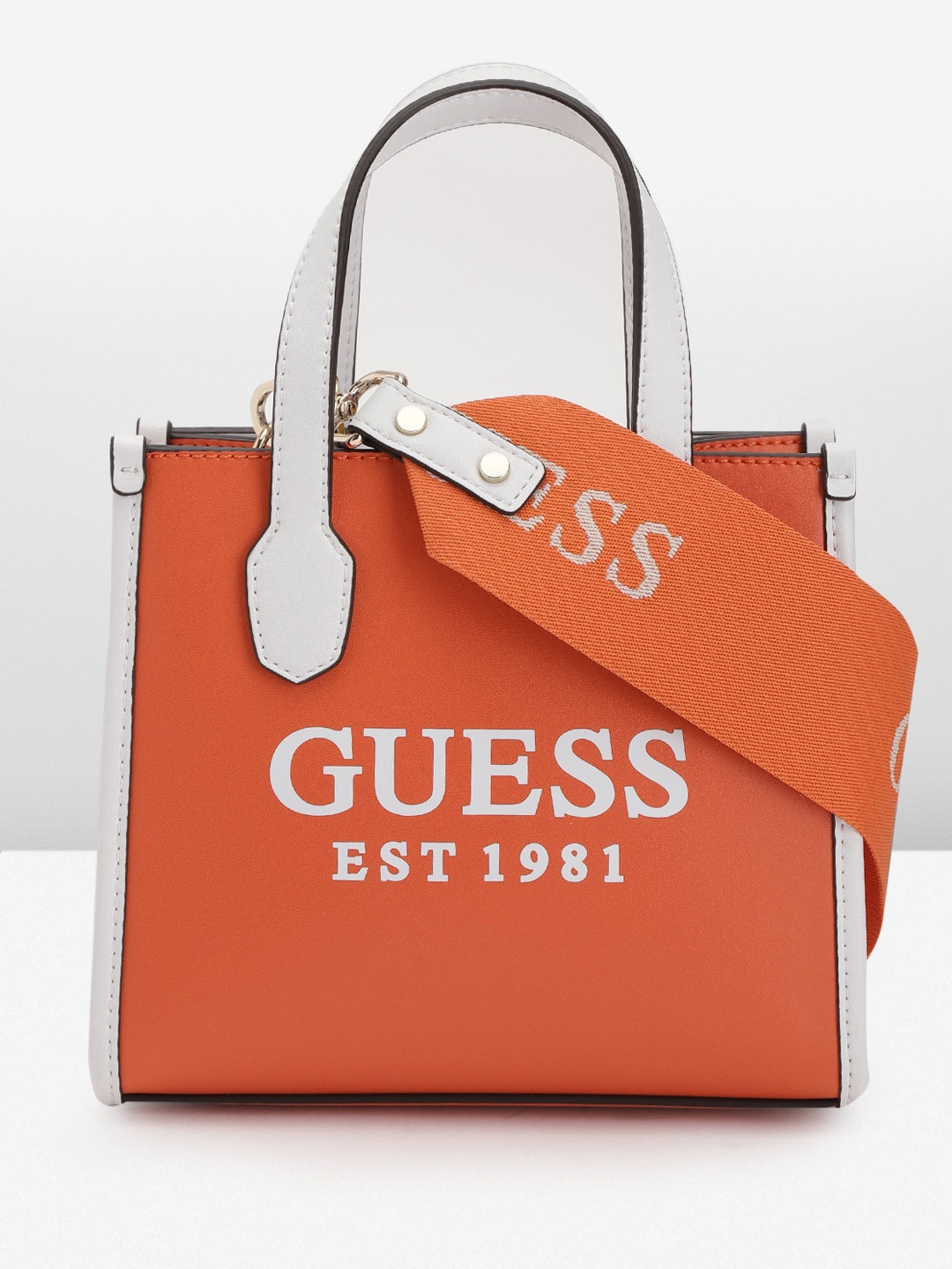 GUESS Brand Logo Printed Structured Handheld Bag, Orange
