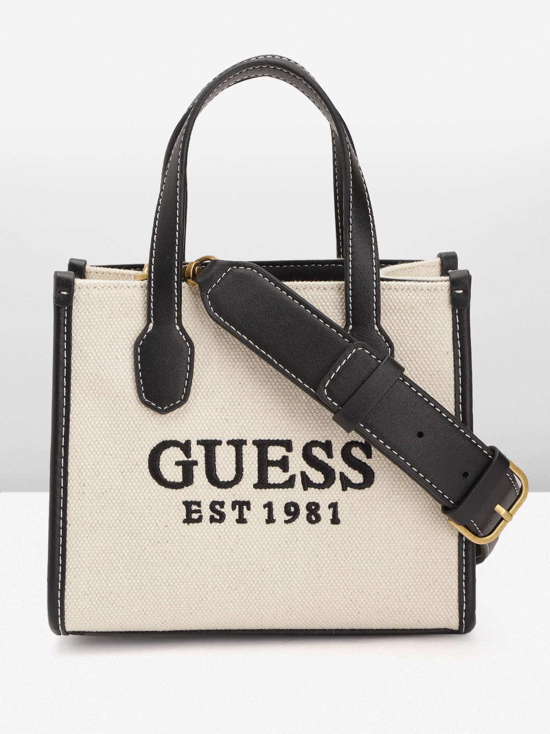 GUESS Brand Logo Printed Structured Handheld Bag, Cream