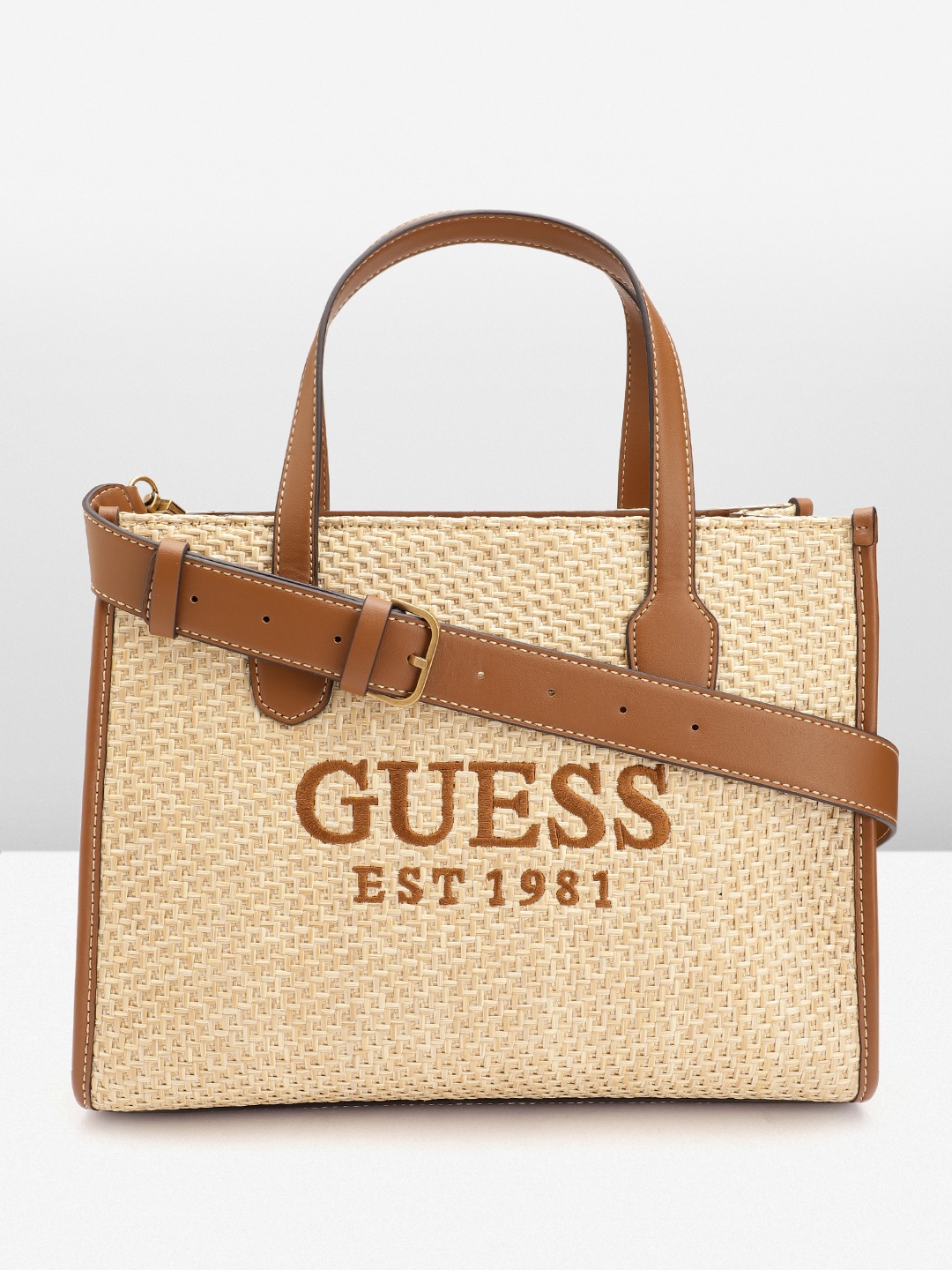 GUESS Brand Logo Printed Woven Design Structured Handheld Bag, Brown
