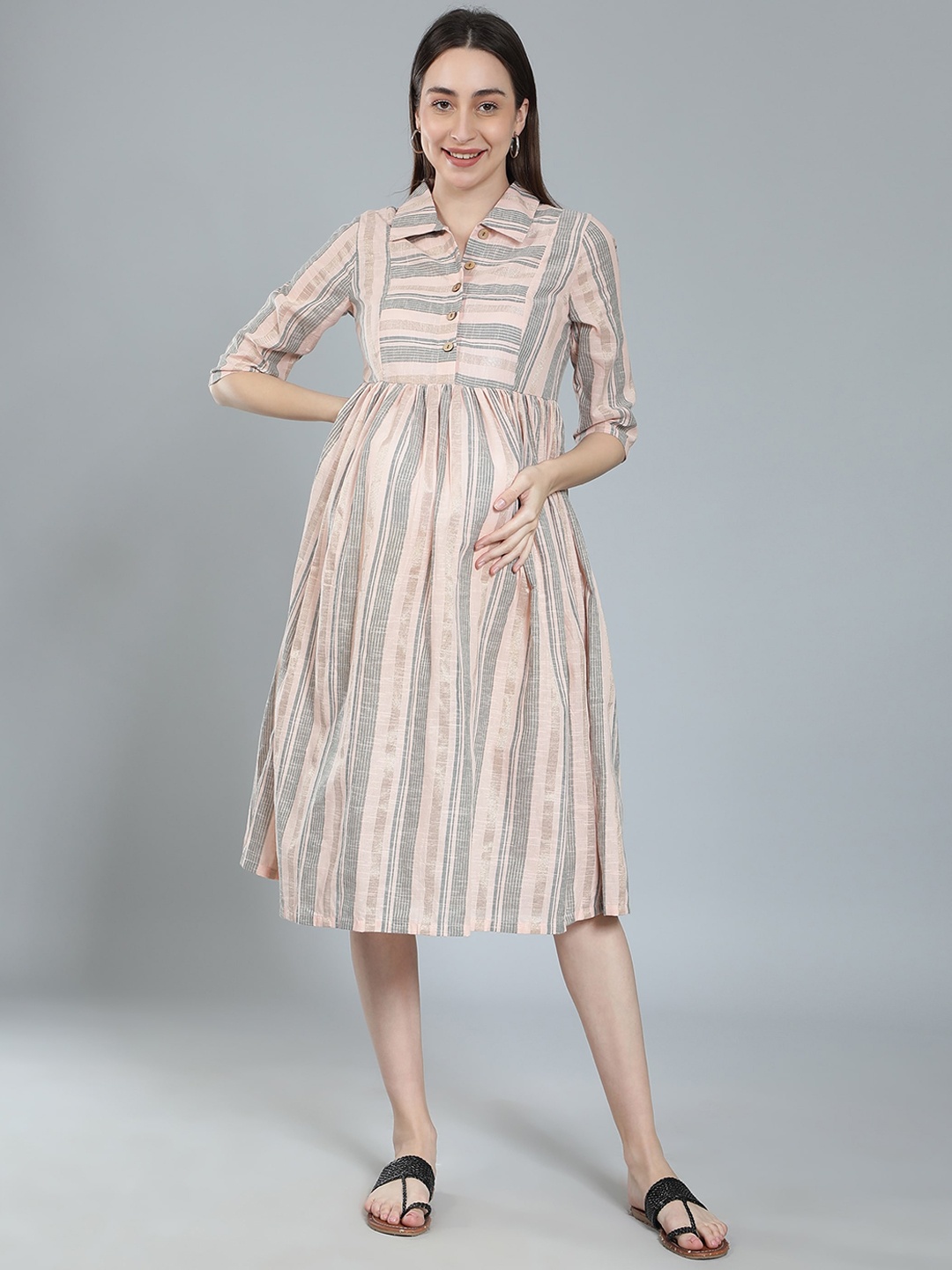 Cot'N Soft Striped Shirt Collar Midi Fit And Flare Maternity Pure Cotton Ethnic Dress, Beige
Cot'N Soft Striped Shirt Collar Midi Fit And Flare Maternity Pure Cotton Ethnic Dress, Beige