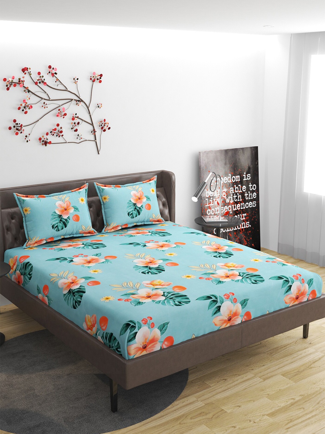 ATRAENTA Blue & Peach-Coloured Floral 210 TC Fitted Queen Bedsheet with 2 Pillow Covers
ATRAENTA Blue & Peach-Coloured Floral 210 TC Fitted Queen Bedsheet with 2 Pillow Covers