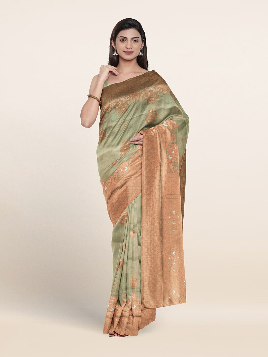 Pothys Floral Motif Woven Design Zari Saree, Green