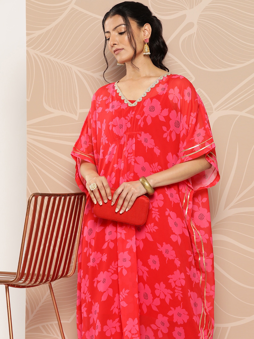 Inddus Floral Printed Kaftan Kurta With Trousers, Red