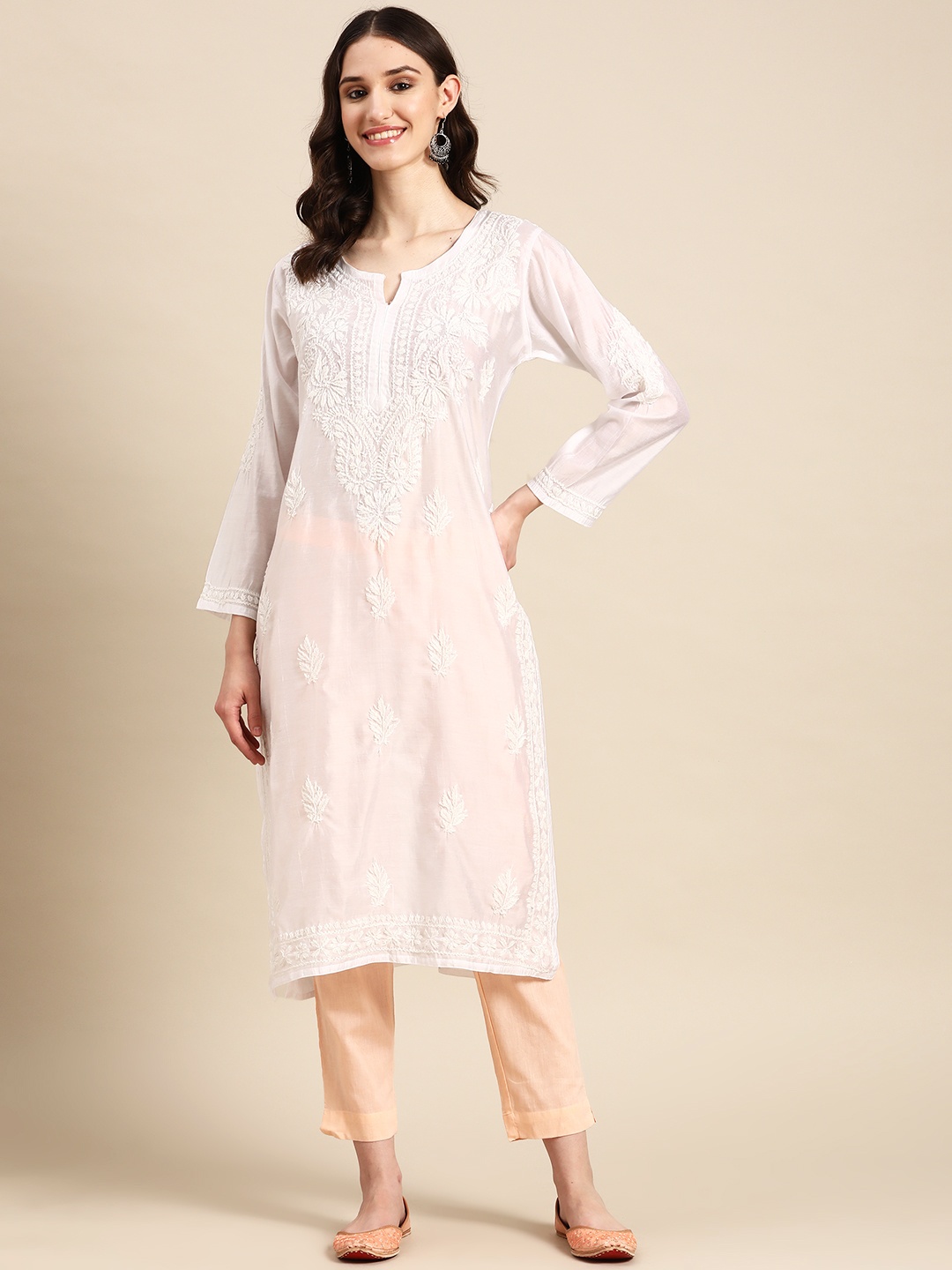 Saadgi Ethnic Motifs Embroidered Chikankari Pastels Kurta, White