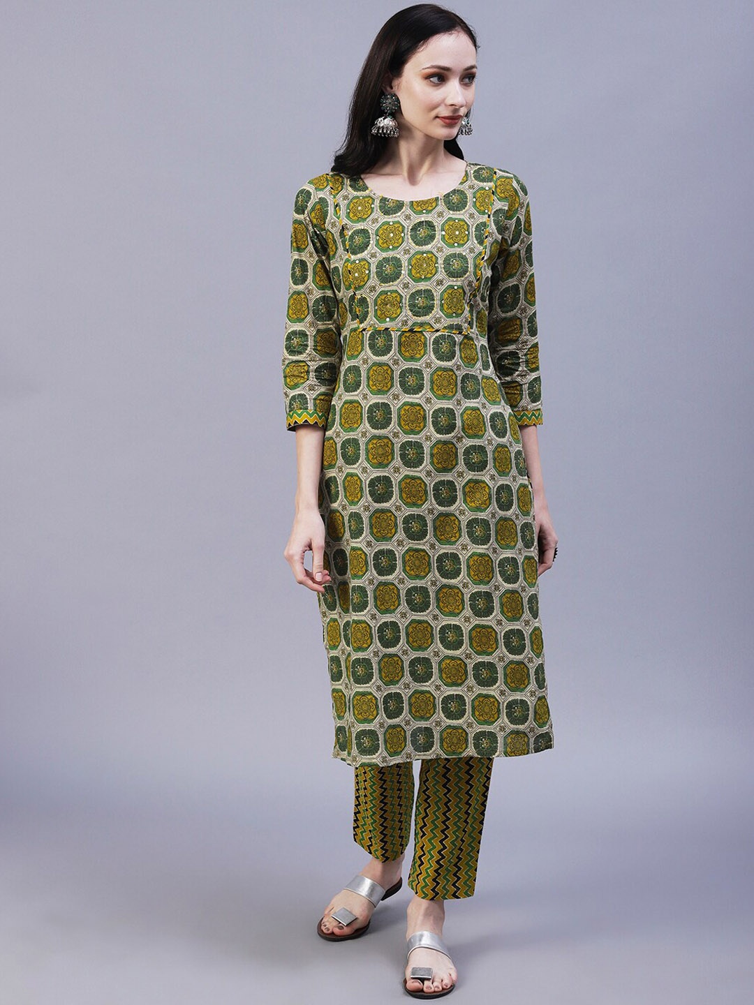 FASHOR Round Neck Ethnic Motifs Printed Sequinned Pure Cotton Straight Kurta With Trousers, Beige
FASHOR Round Neck Ethnic Motifs Printed Sequinned Pure Cotton Straight Kurta With Trousers, Beige