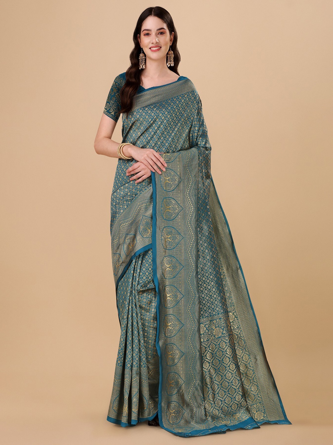 TEREZA Ethnic Motifs Zari Silk Blend Kanjeevaram Saree, Teal