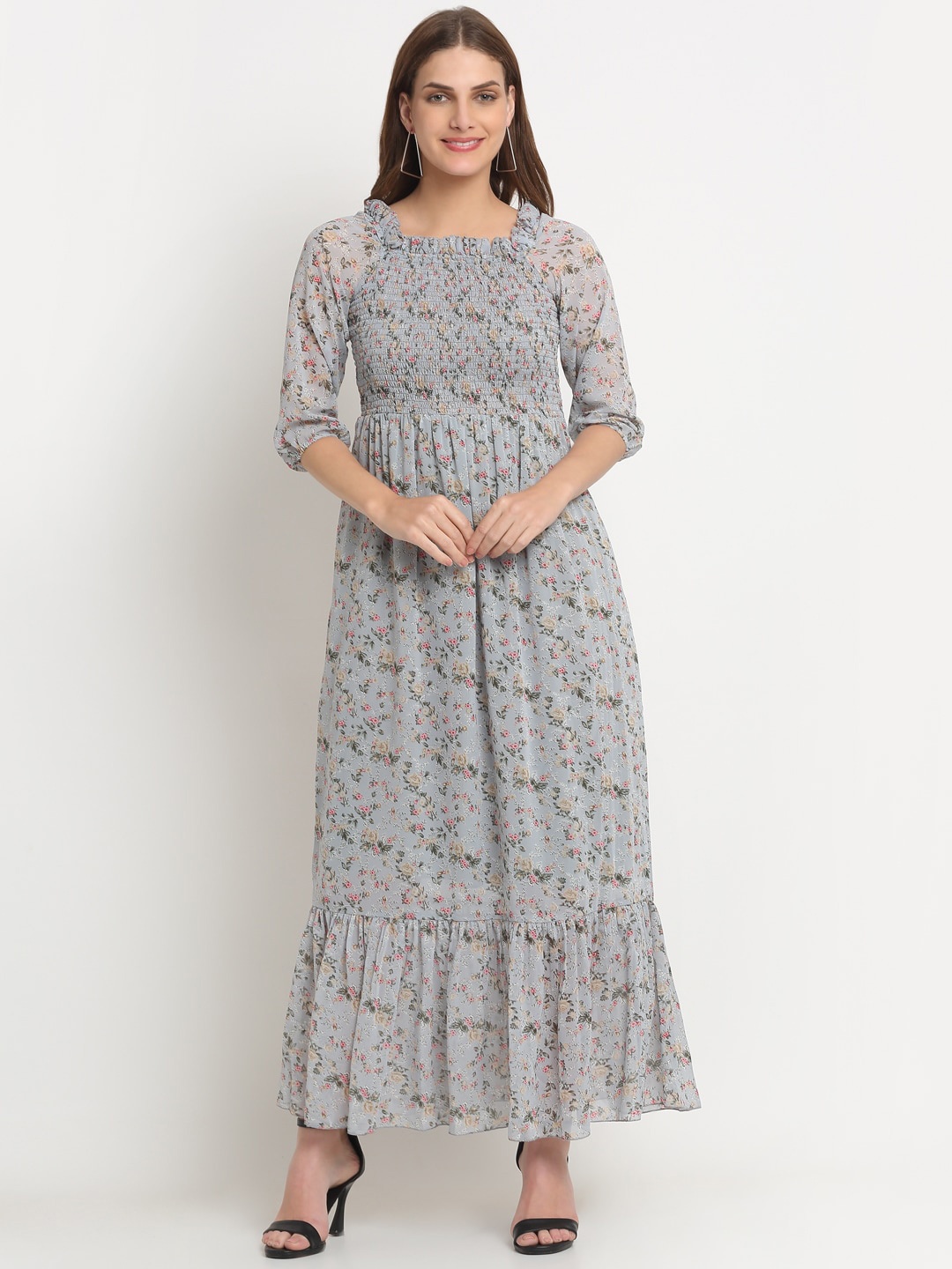 KALINI Flounce Floral Printed Georgette Fit & Flare Ethnic Dress, Grey