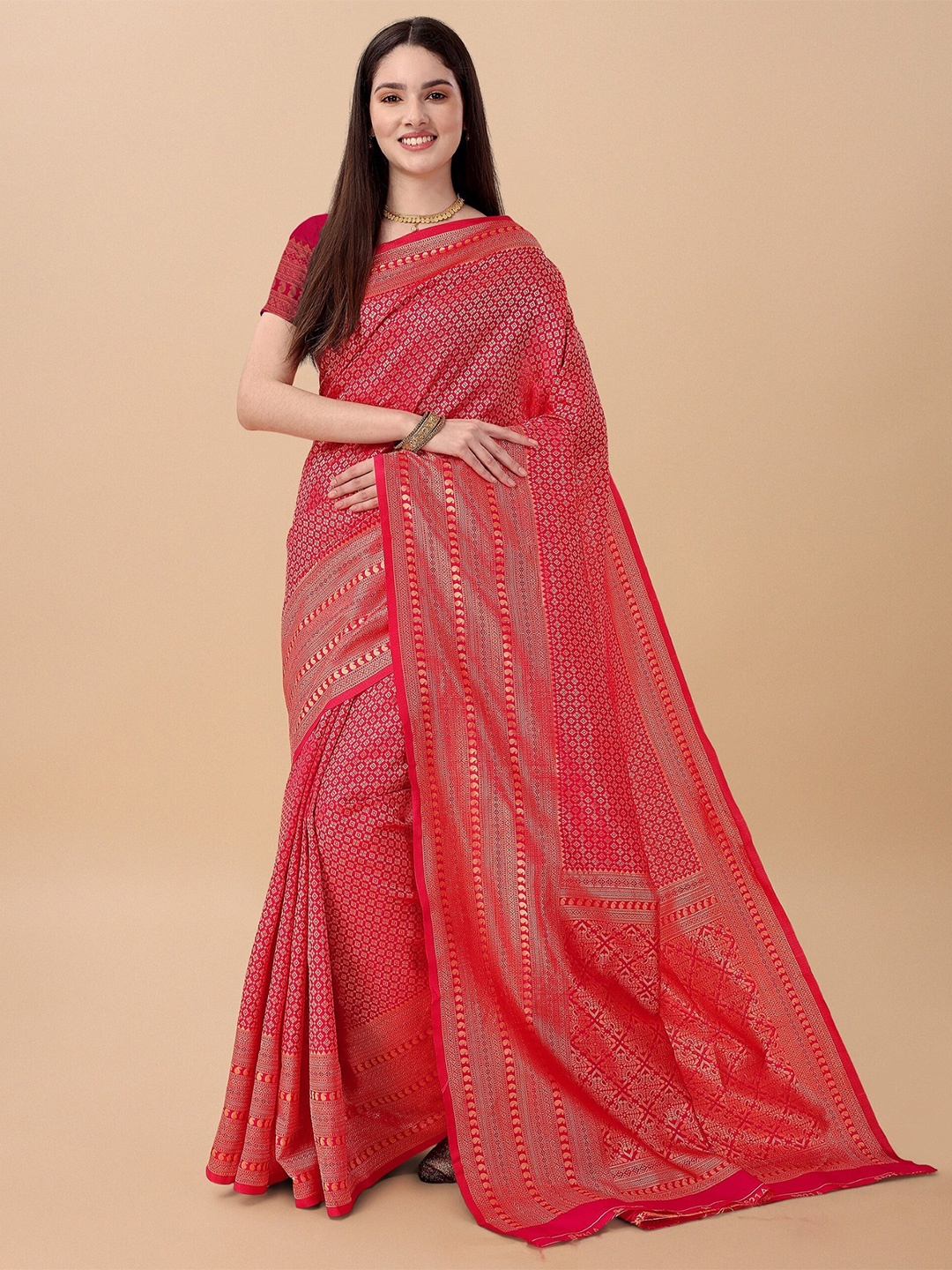 TEREZA Ethnic Motifs Woven Design Zari Kanjeevaram Saree, Pink