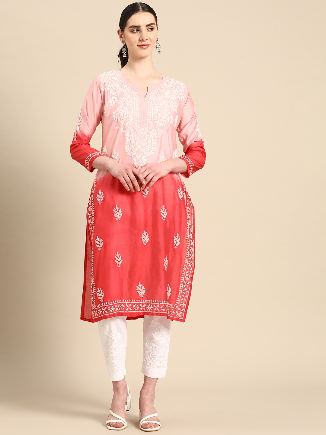 Saadgi Ethnic Motifs Embroidered Chikankari Chanderi Cotton Kurta With Trousers, Red
Saadgi Ethnic Motifs Embroidered Chikankari Chanderi Cotton Kurta With Trousers, Red