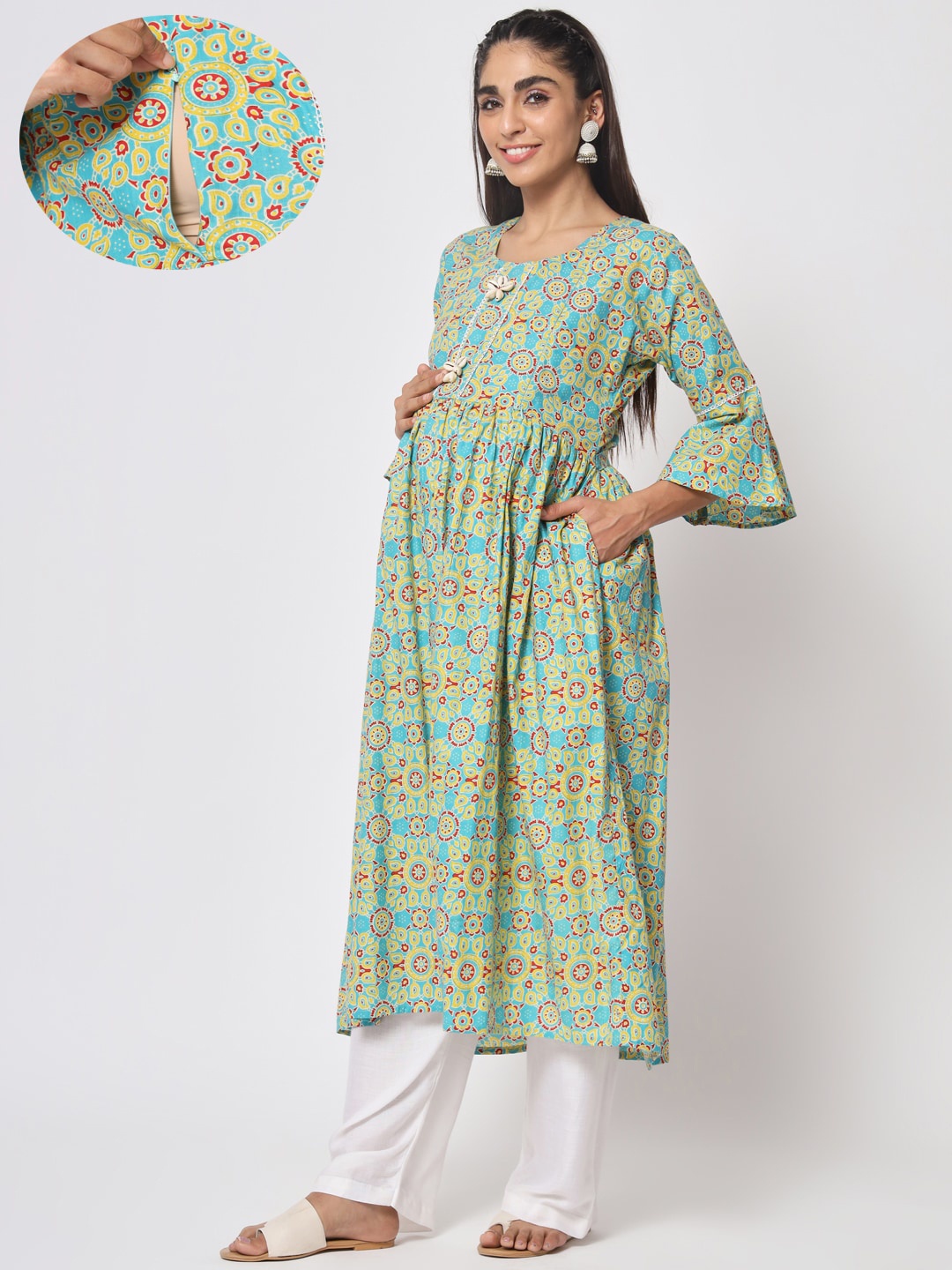 Aujjessa Ethnic Motif Printed Beads And Stones Maternity Anarkali Pure Cotton Kurta, Turquoise blue
Aujjessa Ethnic Motif Printed Beads And Stones Maternity Anarkali Pure Cotton Kurta, Turquoise blue