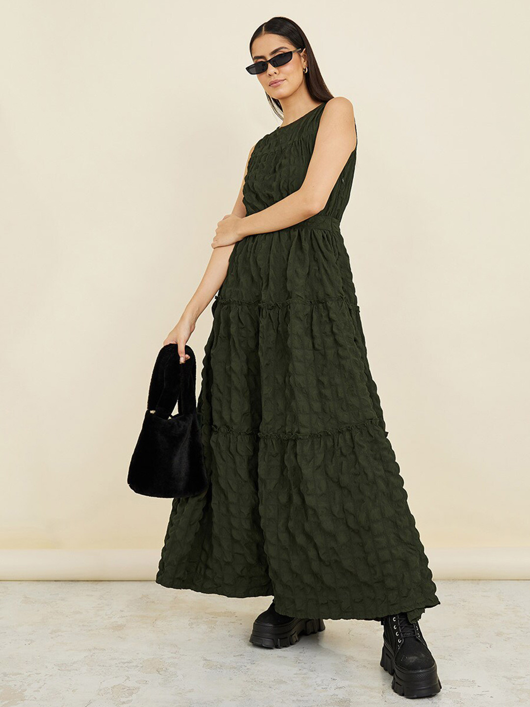 Styli Self Design Tiered Maxi Dress, Olive 
Styli Self Design Tiered Maxi Dress, Olive