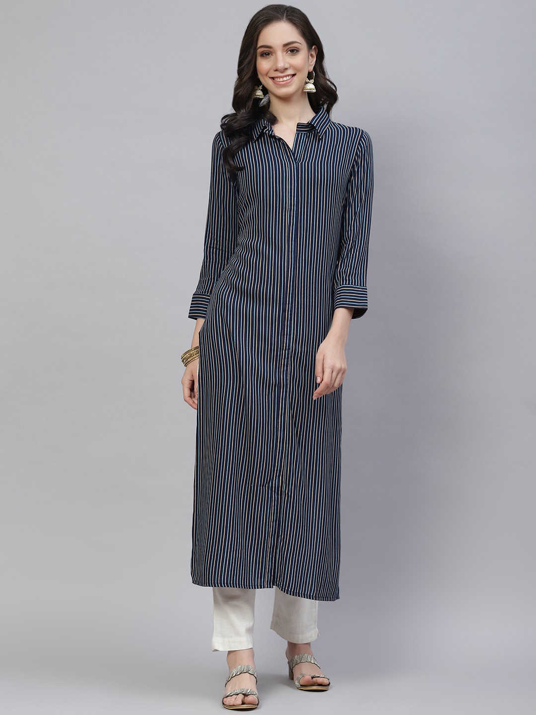 mokshi Striped Shirt Collar Kurta, Navy blue