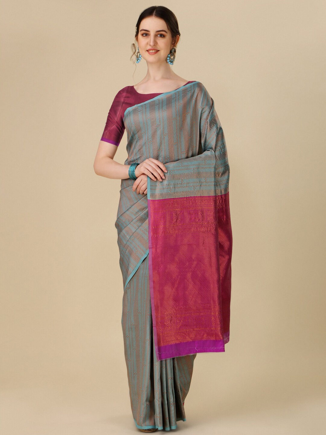TIEXA Stripped Zari Pure Silk Banarasi Saree, Grey