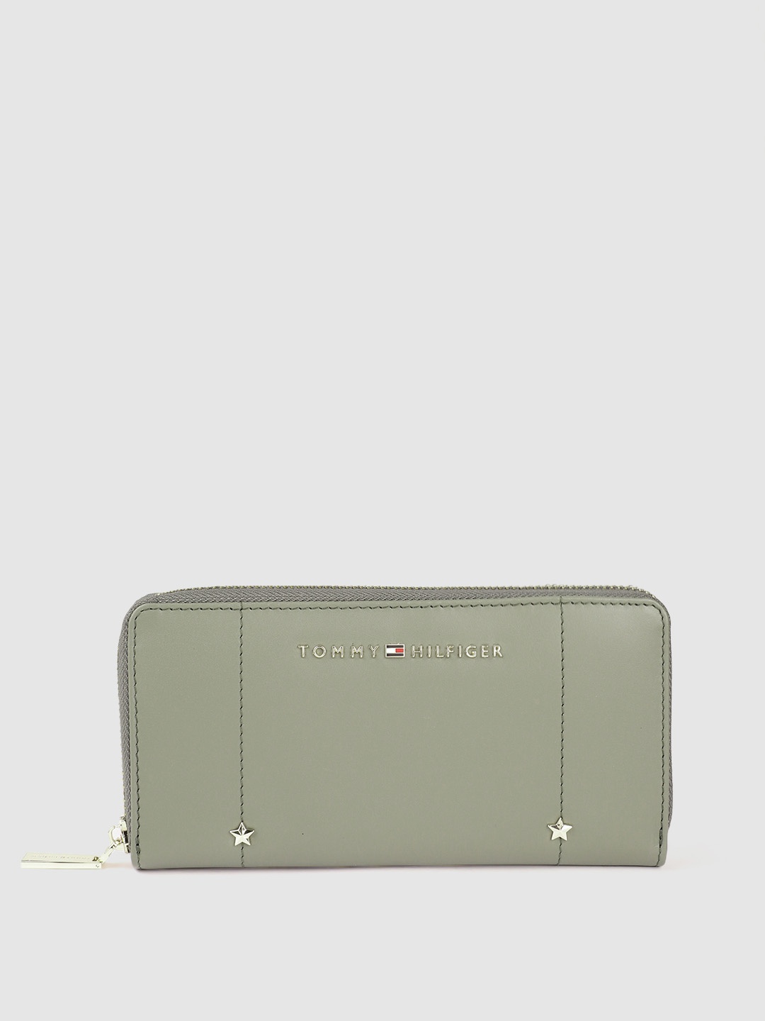 Tommy Hilfiger Women Textured Zip Detail Leather Zip Around Wallet, Olive