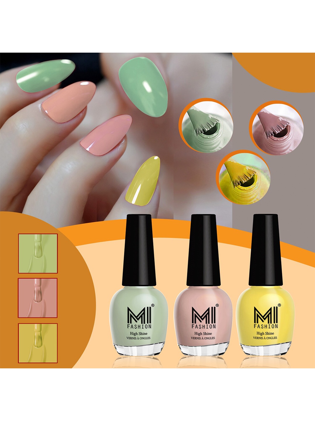 MI FASHION Set of 3 High Shine Long-Lasting Nail Lacquer 15 ml Each - Mischievous Mint 740 - Nude 770 - Yellow 729, Green
MI FASHION Set of 3 High Shine Long-Lasting Nail Lacquer 15 ml Each - Mischievous Mint 740 - Nude 770 - Yellow 729, Green
