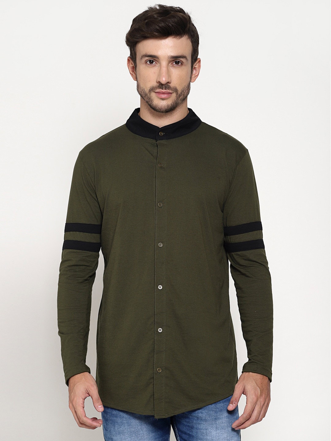 PAUSE SPORT Men Band Collar Cotton Shirt, Olive