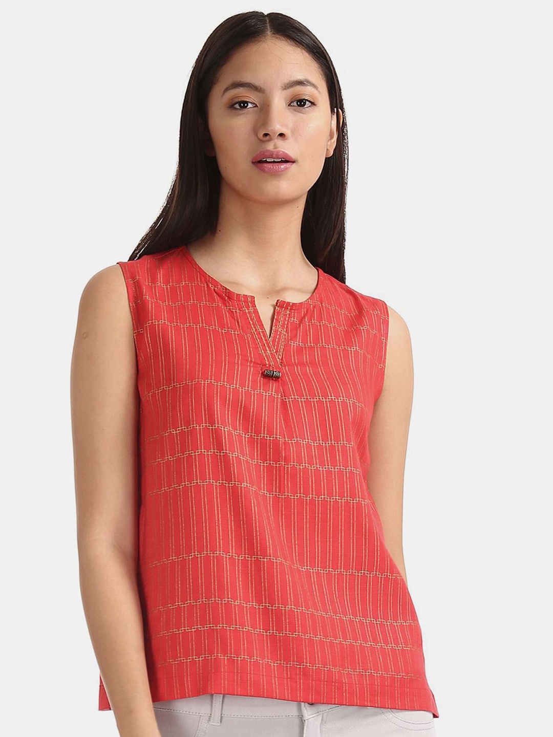 V-Mart Geometric Printed Cotton Top, Red