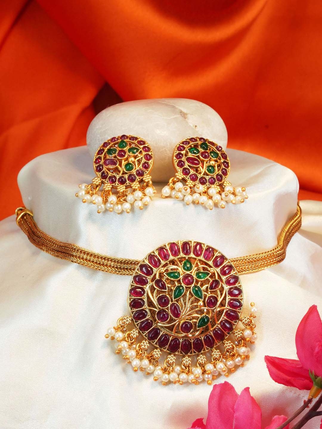 GRIIHAM Gold-Plated AD-Studded & Beaded Antique Jewellery Set, Red
