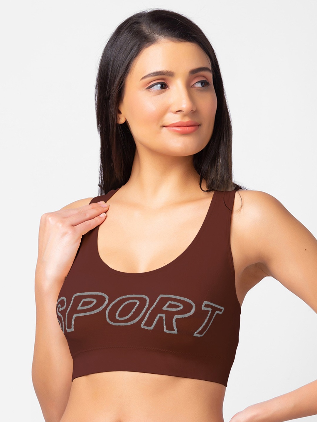 FashionRack Typography Printed Cotton Sports Bra, Brown