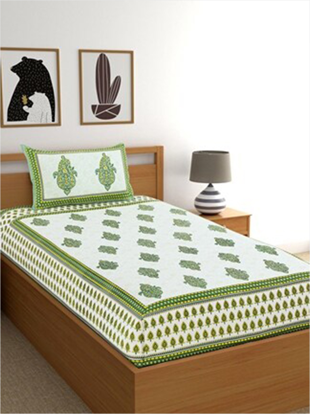 Salona Bichona Jaipuri Green & White 120 TC Flat Cotton Single Bedsheet & 1 Pillow Cover
Salona Bichona Jaipuri Green & White 120 TC Flat Cotton Single Bedsheet & 1 Pillow Cover