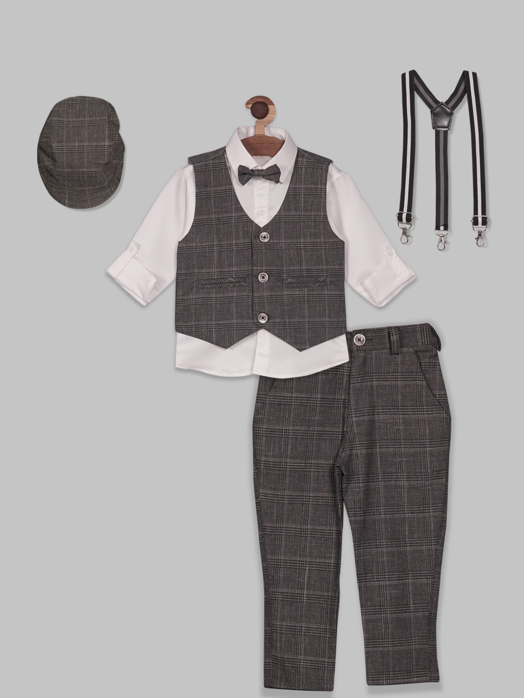 RIKIDOOS Boys 6 Pieces Checked Shirt Waistcoat & Pant Set with Suspender Cap & Bow, Grey
RIKIDOOS Boys 6 Pieces Checked Shirt Waistcoat & Pant Set with Suspender Cap & Bow, Grey