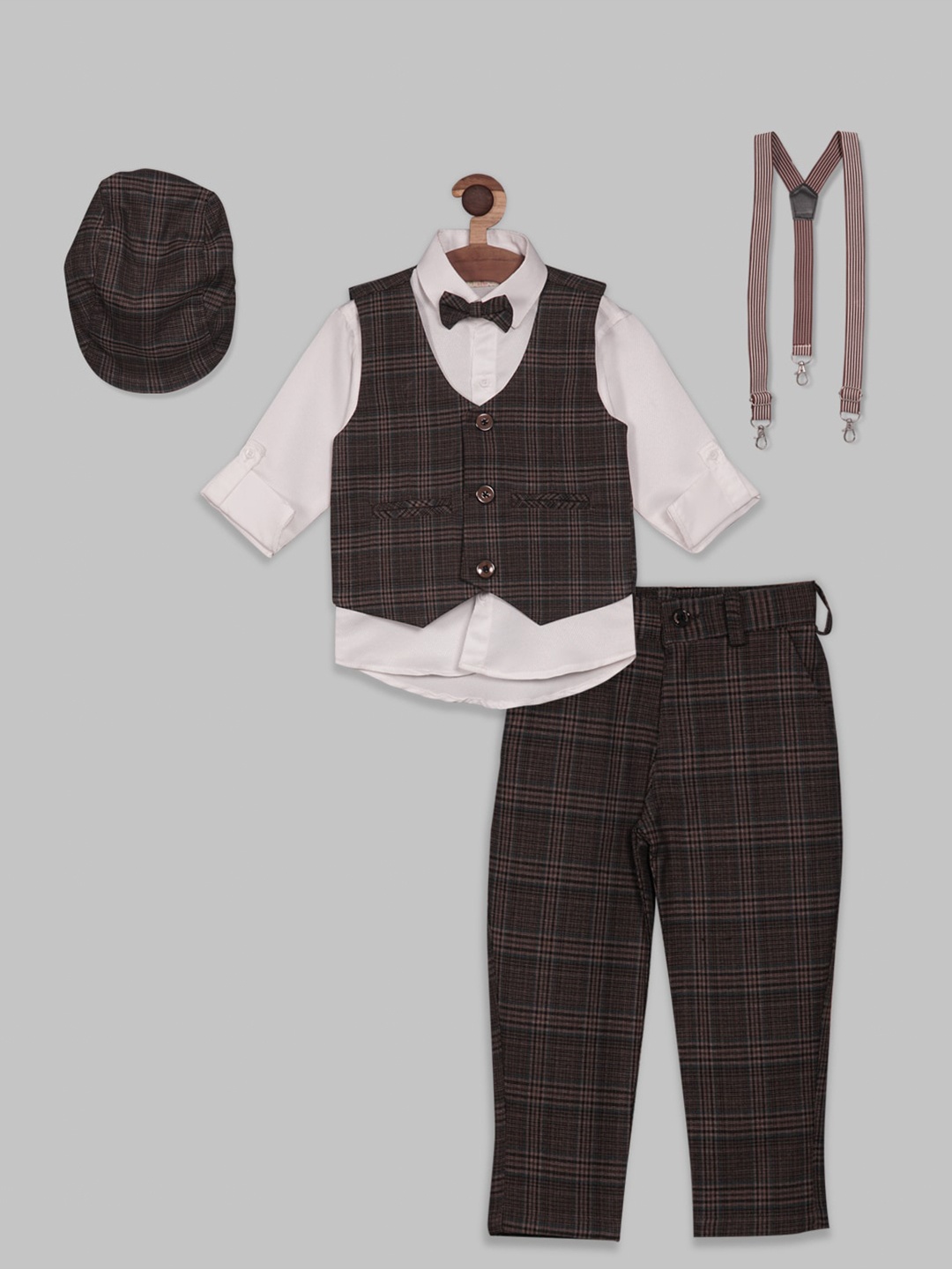 RIKIDOOS Boys 6 Pieces Checked Shirt Waistcoat & Pant Set With Suspender Cap & Bow, White
RIKIDOOS Boys 6 Pieces Checked Shirt Waistcoat & Pant Set With Suspender Cap & Bow, White