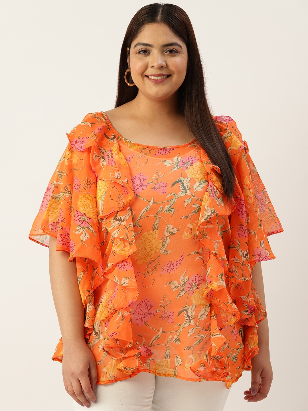 theRebelinme Plus Size Floral Print Flared Sleeves Ruffled Georgette Longline Top, Orange
theRebelinme Plus Size Floral Print Flared Sleeves Ruffled Georgette Longline Top, Orange