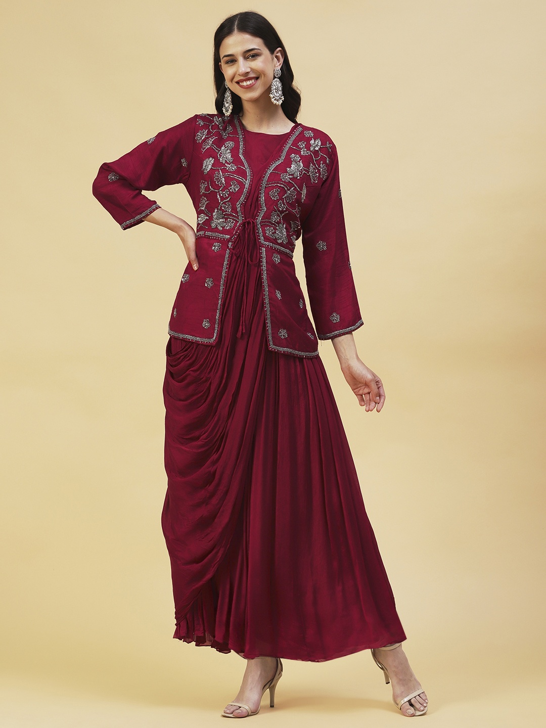 FASHOR Silk Fit & Flare Maxi Ethnic Dress With Embroidered Jacket, Maroon