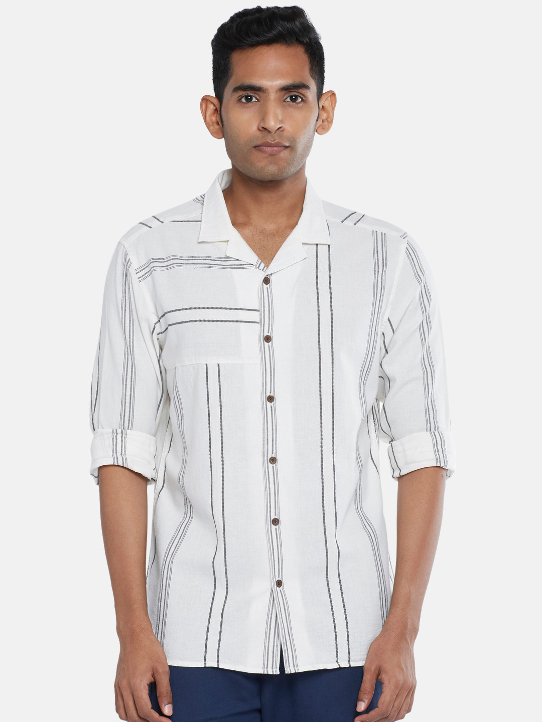 7 Alt by Pantaloons Slim Fit Striped Cotton Casual Shirt, White 
7 Alt by Pantaloons Slim Fit Striped Cotton Casual Shirt, White
