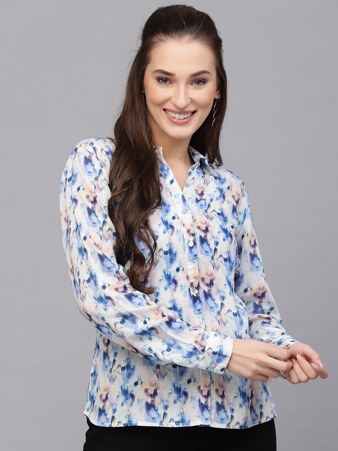 VALBONE Comfort Printed Semi Sheer Printed Casual Shirt, White