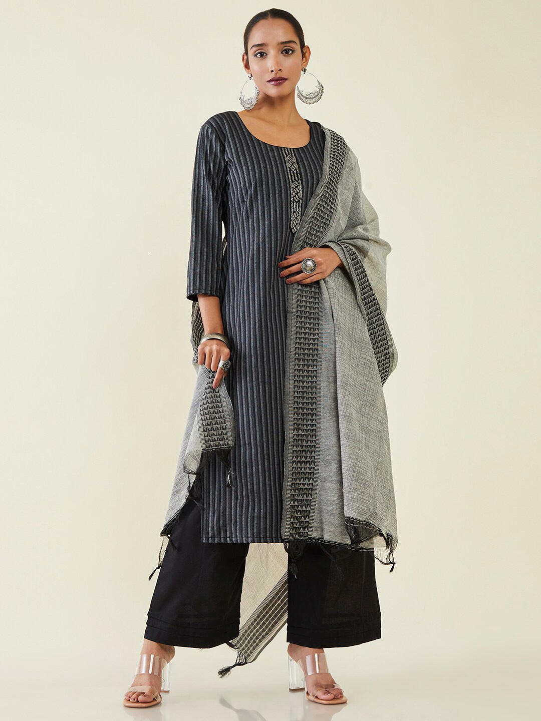 Soch Printed Beads & Stones Pure Cotton Unstitched Dress Material, Black